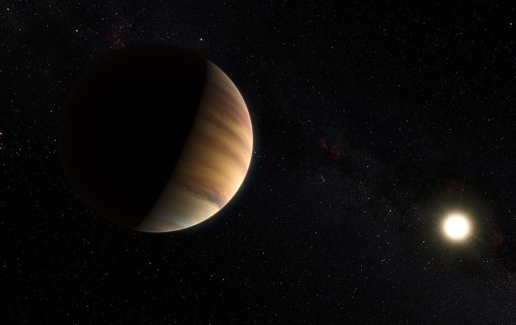 La vista de este artista muestra el exoplaneta caliente de Júpiter 51 Pegasi b, el prototipo de Júpiter caliente.  En 1997, este fue el primer exoplaneta encontrado alrededor de una estrella de secuencia principal normal.  Veinte años después, los astrónomos encontraron evidencia de agua en su atmósfera.  Crédito de la imagen: Por ESO/M.  Kornmesser/Nick Risinger (skysurvey.org) - sitio web de ESO, CC BY 4.0, 