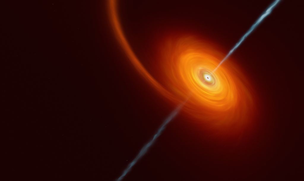 La impresión de este artista ilustra cómo podría verse cuando una estrella se acerca demasiado a un agujero negro, donde la estrella es comprimida por la intensa atracción gravitacional del agujero negro.  Parte del material de la estrella es atraído y se arremolina alrededor del agujero negro formando el disco que se puede ver en esta imagen.  En casos raros, como este, chorros de materia y radiación salen disparados desde los polos del agujero negro.  Crédito de la imagen: ESO/M.Kornmesser