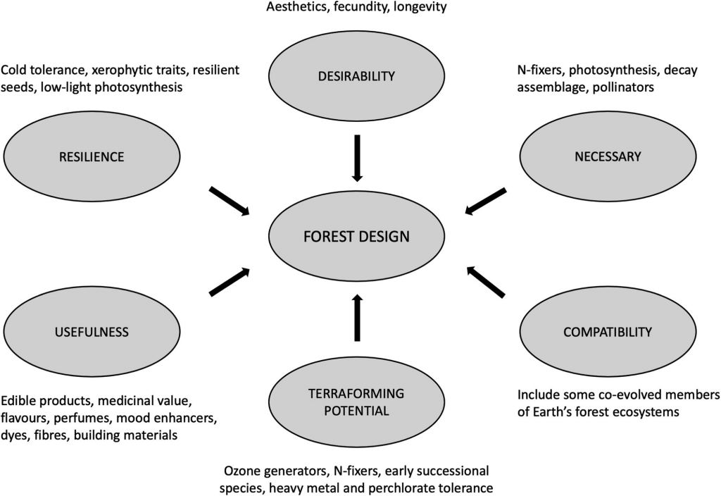 Los factores de selección para el complemento de especies forestales de Marte se basan en las limitaciones locales, el valor instrumental y la capacidad de supervivencia.  Crédito de la imagen: Smith, 2022