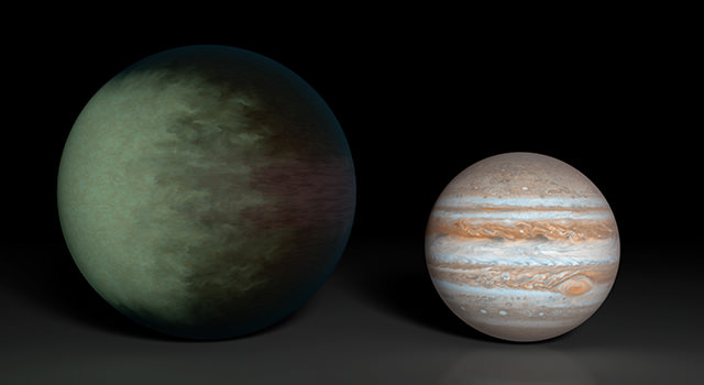 Mapa de nubes de Kepler-7b (izquierda) en comparación con Júpiter (derecha).  Crédito: NASA/JPL-Caltech/MIT