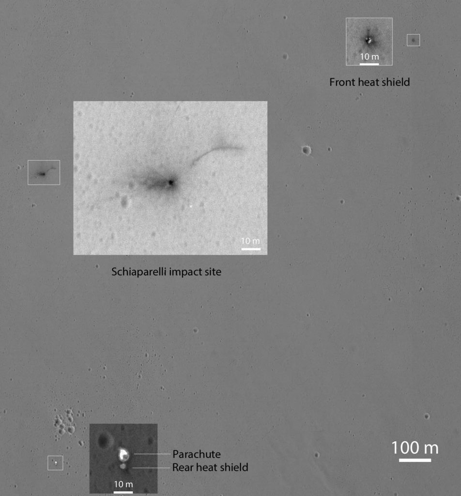 Esta imagen del 25 de octubre de 2016 muestra el área donde el módulo de aterrizaje de prueba Schiaparelli de la Agencia Espacial Europea llegó a la superficie de Marte, con insertos ampliados de tres sitios donde los componentes de la nave espacial tocaron el suelo.  Es la primera vista del sitio desde la cámara del Experimento científico de imágenes de alta resolución (HiRISE) en el Orbitador de reconocimiento de Marte de la NASA tomada después del evento de aterrizaje del 19 de octubre de 2016 y nuestra resolución más alta de la escena hasta la fecha.  Anotaciones del autor.  Crédito: NASA/JPL-Caltech