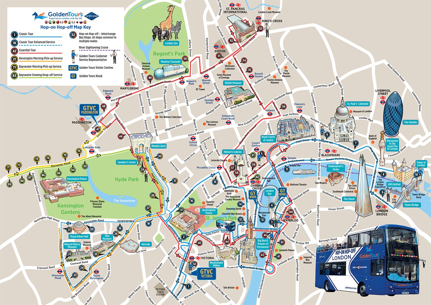 Autobús turístico descapotable con paradas libres Golden Tours Mapa