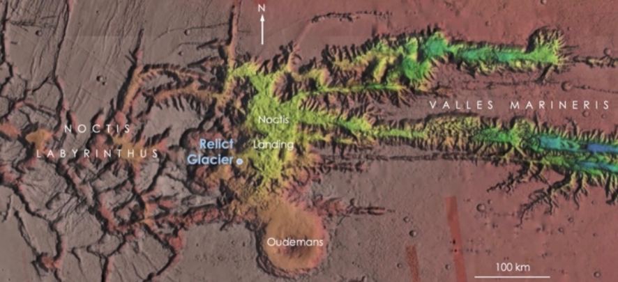 Esta imagen de la investigación muestra la región de aterrizaje de Noctis no oficialmente nombrada  y el Glaciar Relicto.  Crédito de la imagen: Lee et al.  2023