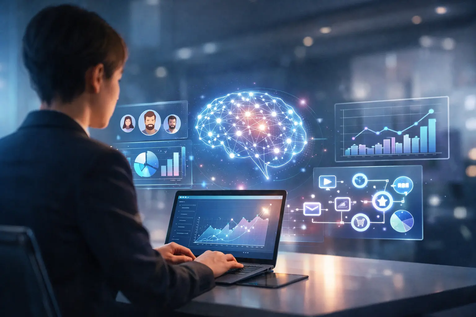 AI marketing dashboard showing a marketer using artificial intelligence, data analytics, automation workflows, and predictive insights to optimize digital campaigns