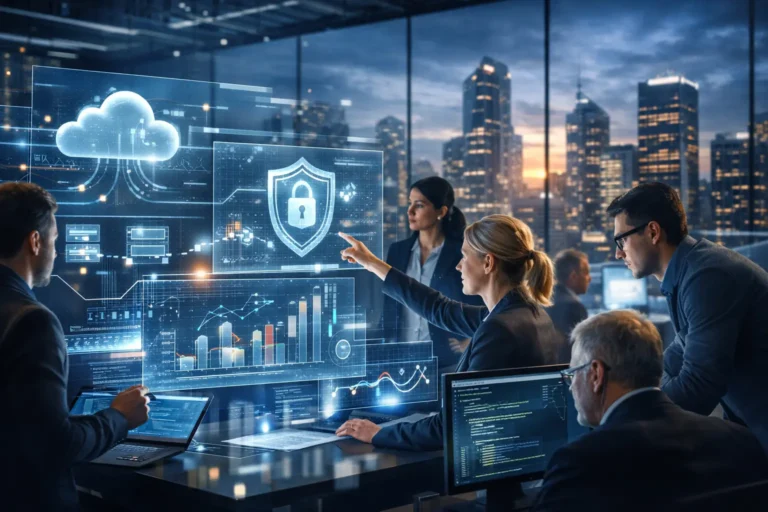 Enterprise IT professionals collaborating in a modern digital operations center representing DXC Technology services