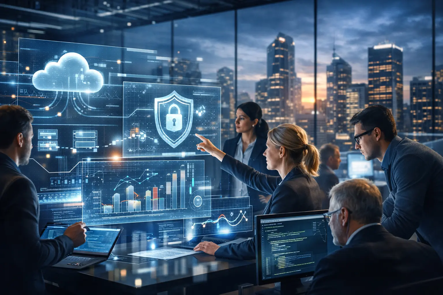 Enterprise IT professionals collaborating in a modern digital operations center representing DXC Technology services