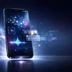 AI phones displaying intelligent neural network interface with real-time voice waveform and smart UI overlays in a futuristic smartphone design