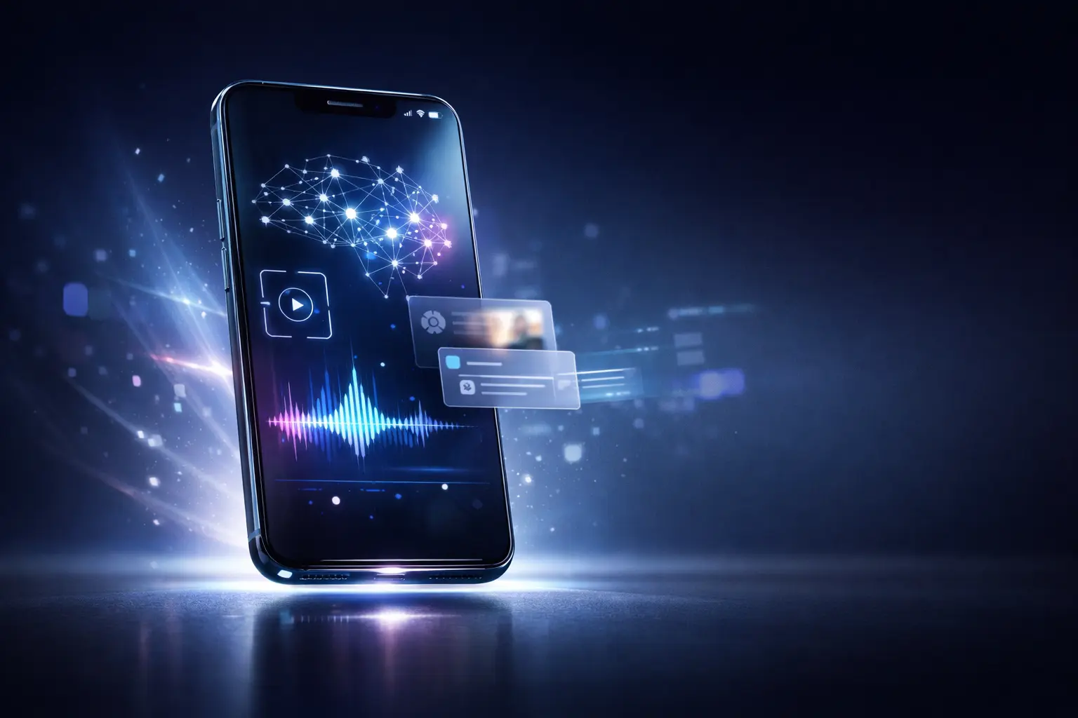 AI phones displaying intelligent neural network interface with real-time voice waveform and smart UI overlays in a futuristic smartphone design