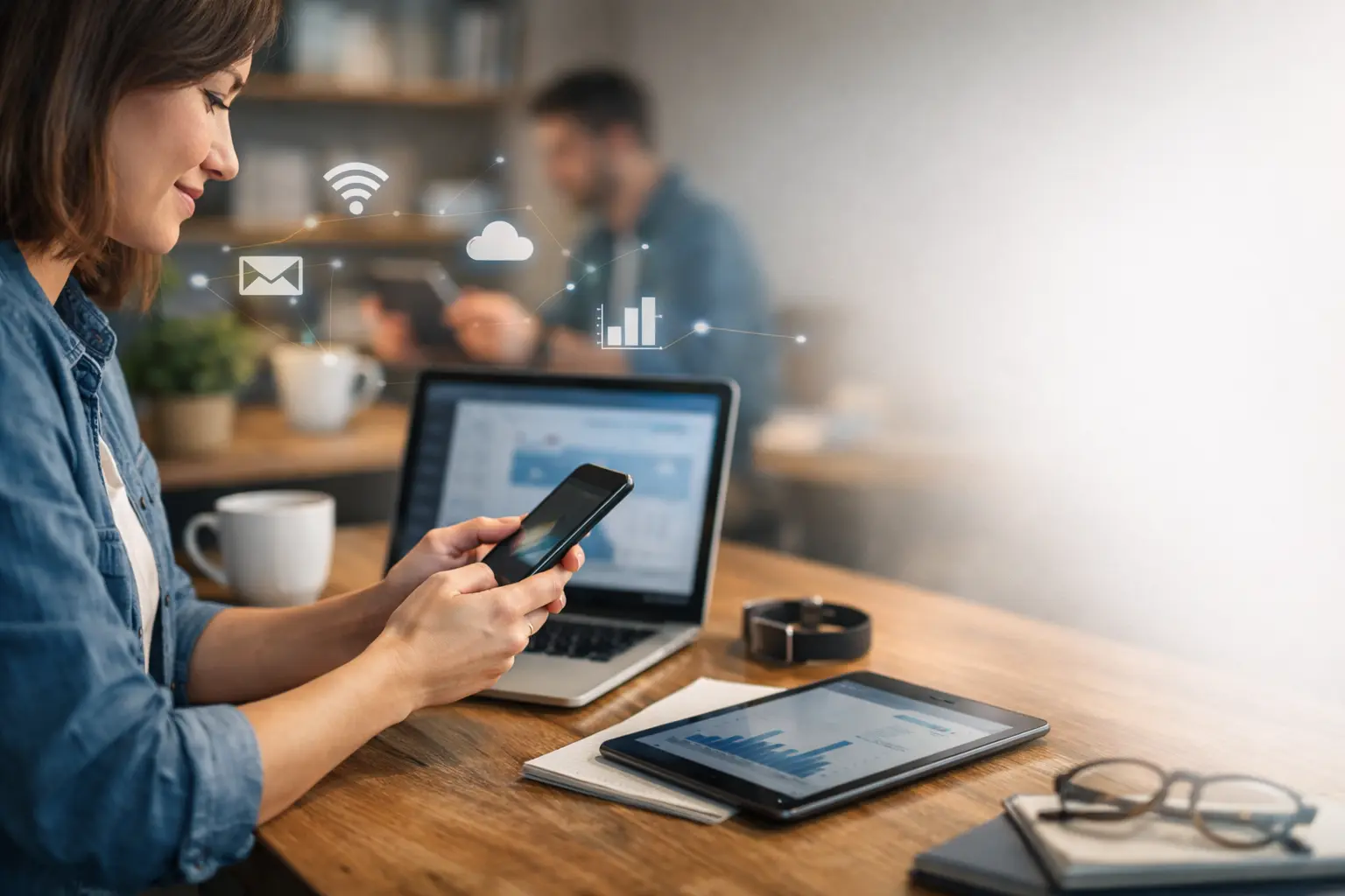 Professional woman using technology skills while analyzing data on a laptop in a modern workspace