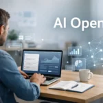 ai open concept showing a professional working on a laptop with open artificial intelligence dashboards, data insights, and human-AI collaboration in a modern workspace