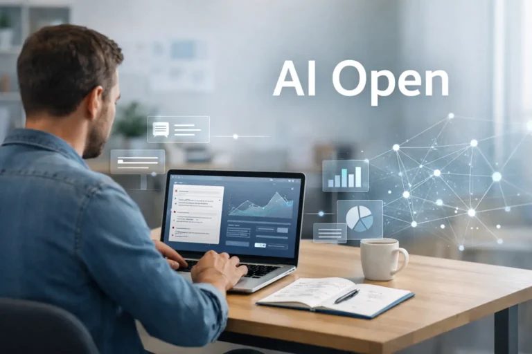 ai open concept showing a professional working on a laptop with open artificial intelligence dashboards, data insights, and human-AI collaboration in a modern workspace