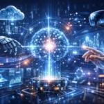 Futuristic illustration showing the newest technology with artificial intelligence, holographic data, robotics, cloud computing, and human-machine interaction in a digital environment.