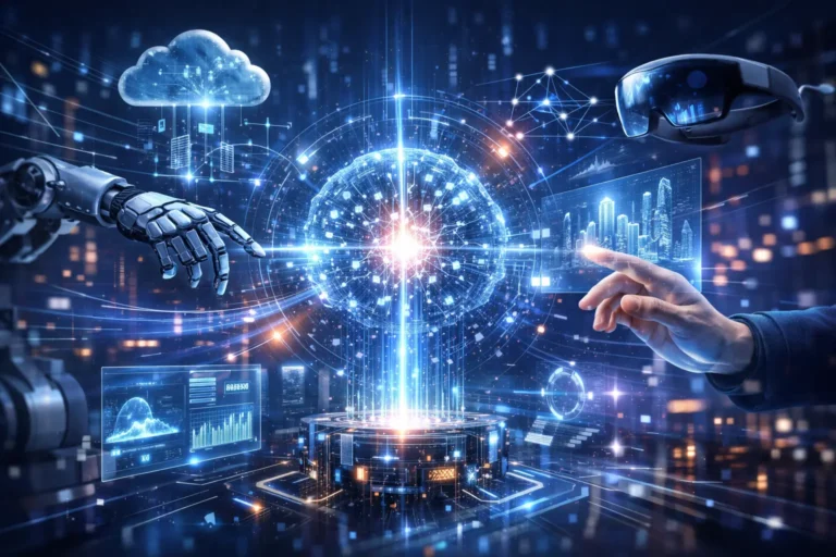 Futuristic illustration showing the newest technology with artificial intelligence, holographic data, robotics, cloud computing, and human-machine interaction in a digital environment.