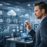 Definitive technology concept showing a professional expert analyzing stable enterprise systems through a transparent digital interface in a modern data center environment