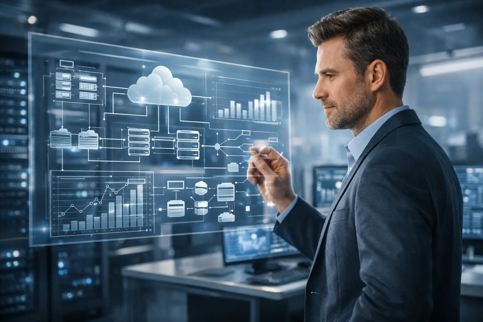 Definitive technology concept showing a professional expert analyzing stable enterprise systems through a transparent digital interface in a modern data center environment