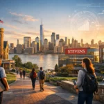 Stevens Institute of Technology campus in Hoboken overlooking the Manhattan skyline, showcasing a modern technology university environment.