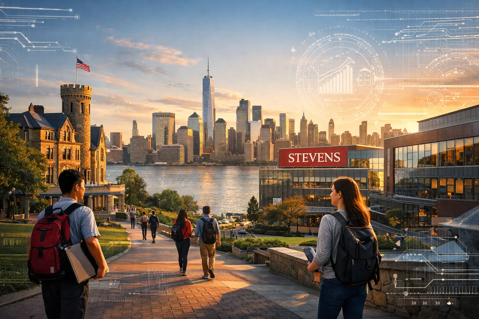 Stevens Institute of Technology campus in Hoboken overlooking the Manhattan skyline, showcasing a modern technology university environment.