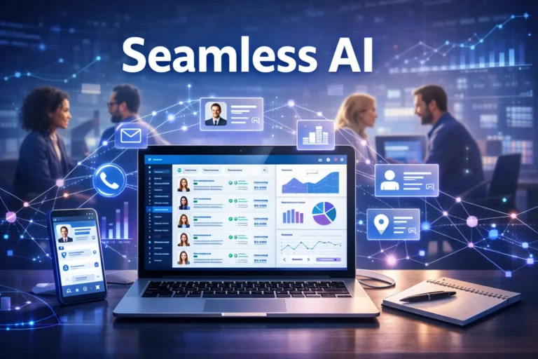 Seamless AI dashboard displaying AI-powered B2B lead generation, verified contacts, and sales analytics in a modern workspace