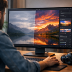 Photographer editing a landscape photo using luminar ai software with AI sky replacement and smart photo enhancement tools on a desktop screen