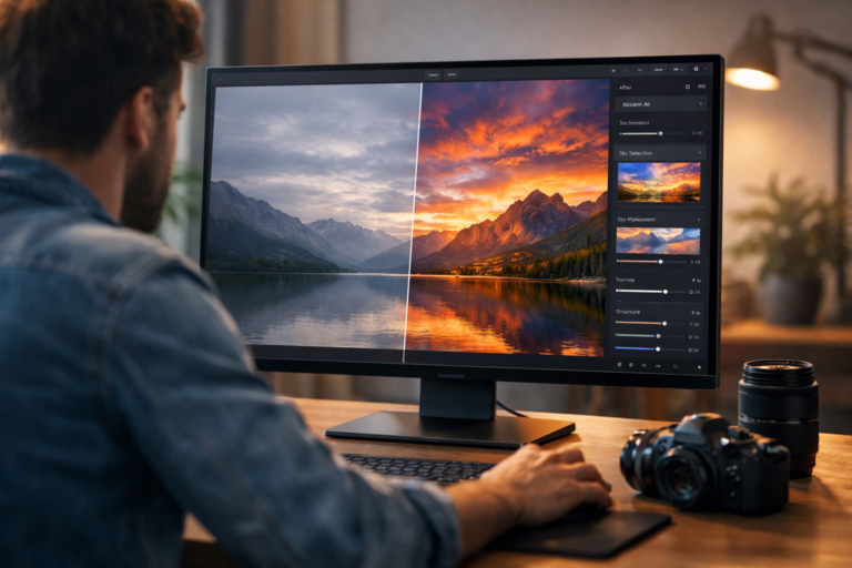 Photographer editing a landscape photo using luminar ai software with AI sky replacement and smart photo enhancement tools on a desktop screen