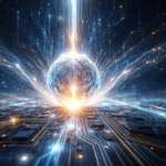 Genesis technology visual showing a glowing digital core emerging from a futuristic circuit board, symbolizing the origin and foundation of modern innovation.