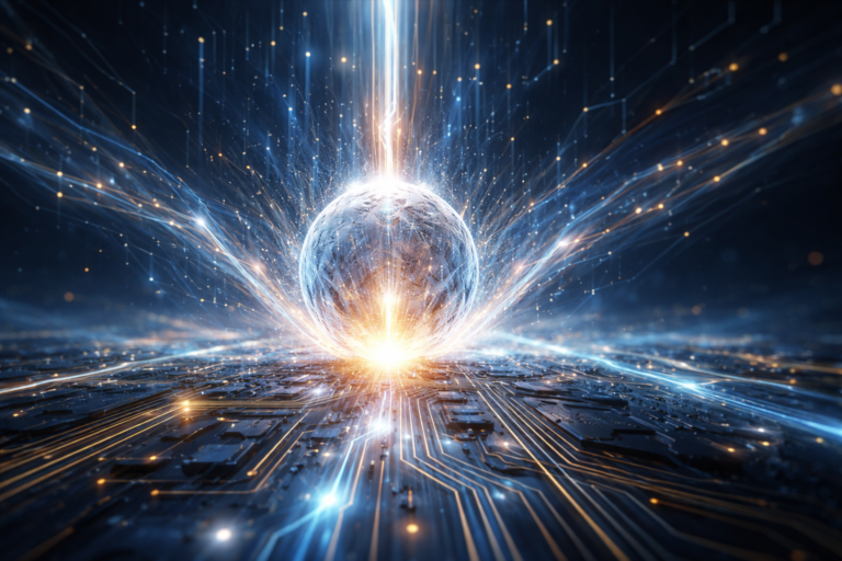 Genesis technology visual showing a glowing digital core emerging from a futuristic circuit board, symbolizing the origin and foundation of modern innovation.