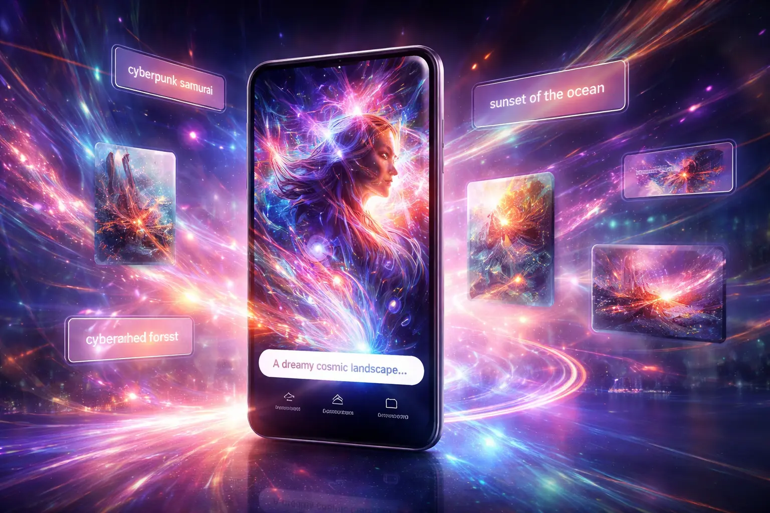 AI-generated digital artwork showing Wombo AI transforming text prompts into vibrant futuristic art on a smartphone screen