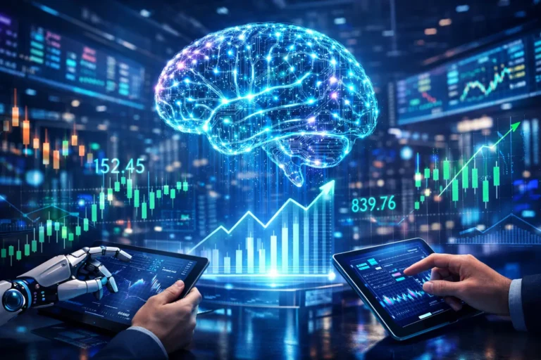 Futuristic illustration of stock in AI showing a digital brain above financial charts, AI analytics, and stock market growth