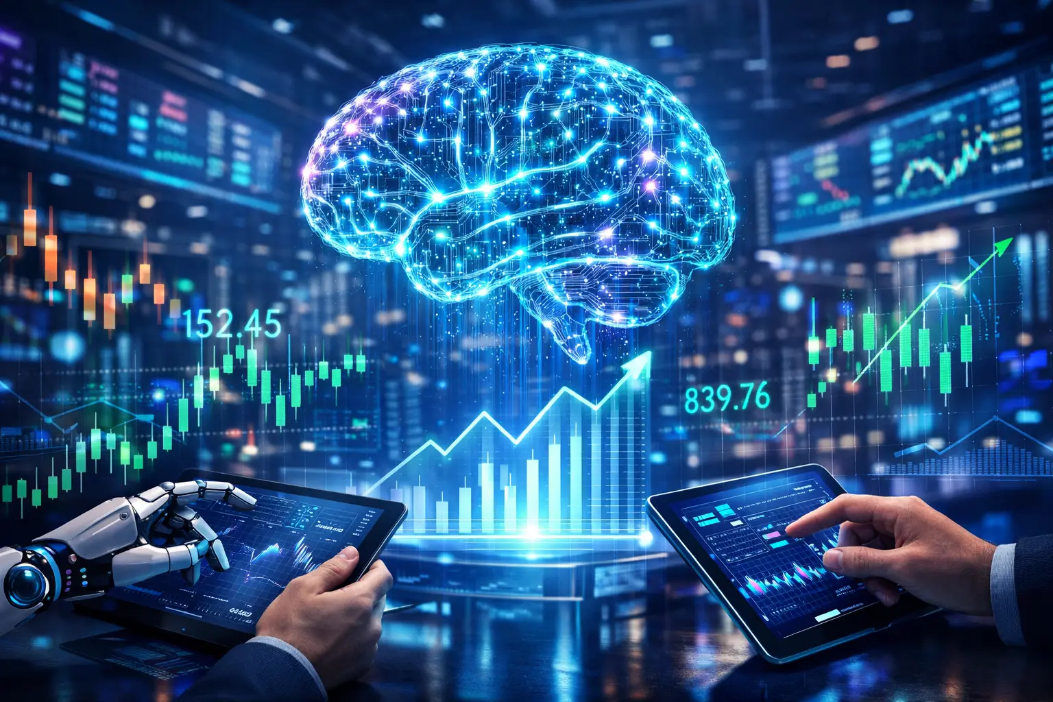 Futuristic illustration of stock in AI showing a digital brain above financial charts, AI analytics, and stock market growth