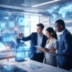 hcl technology professionals collaborating in a modern enterprise IT office with cloud computing, cybersecurity, and global digital transformation visuals