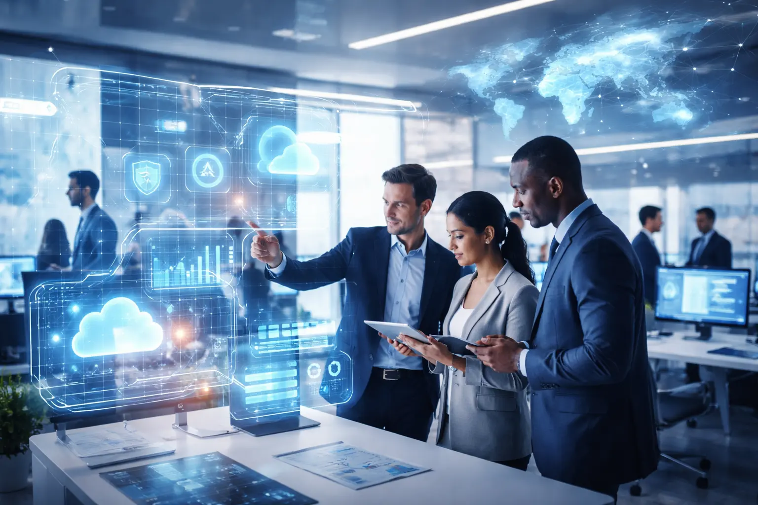 hcl technology professionals collaborating in a modern enterprise IT office with cloud computing, cybersecurity, and global digital transformation visuals