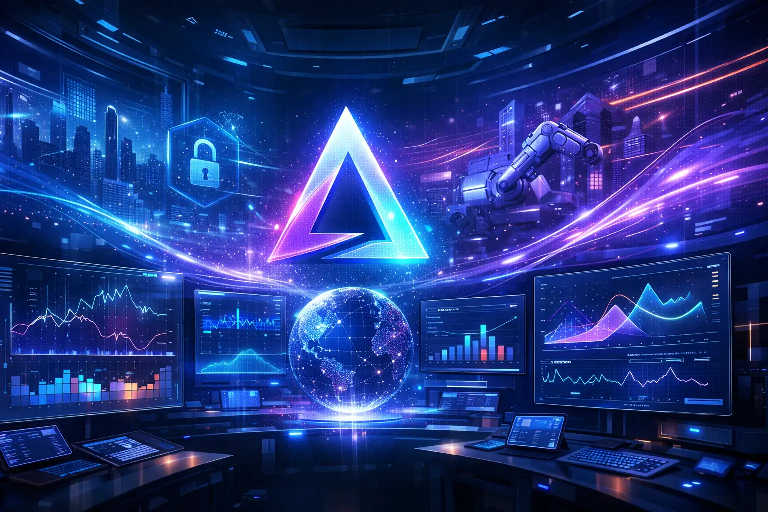 Delta AI visualization showing adaptive artificial intelligence analyzing real-time data changes through dynamic dashboards and holographic insights