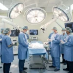 Diverse healthcare team using advanced American medical technology in a modern U.S. hospital setting