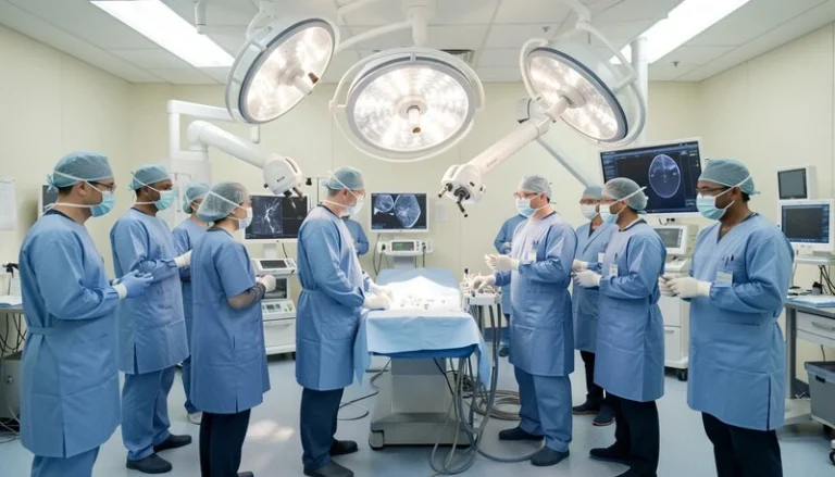 Diverse healthcare team using advanced American medical technology in a modern U.S. hospital setting